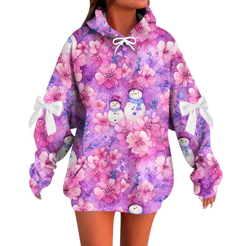 Ladies' Christmas Printed Bow Long Sleeved Loose Fitting Headband With Rope Hooded Sweatshirt Top