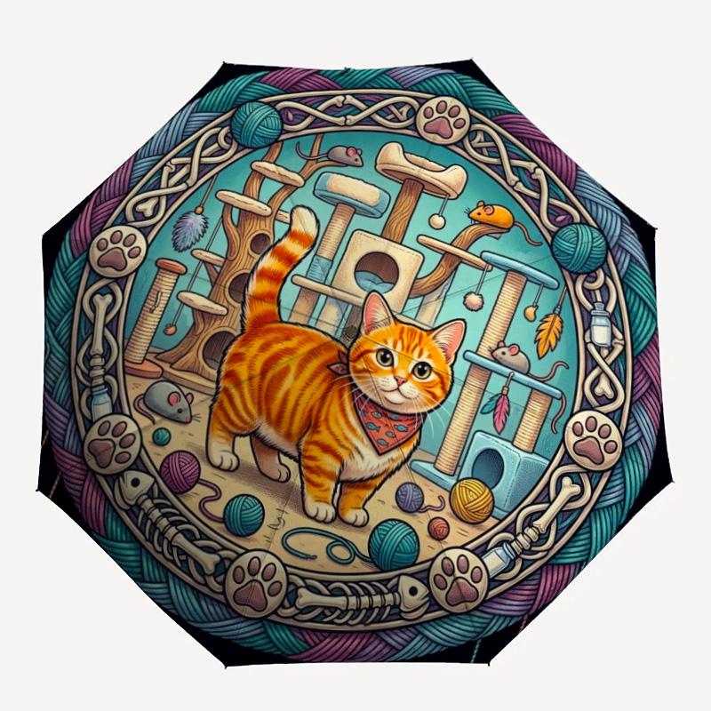 Cats Whiskers Adventure pattern umbrella, portable and foldable design, 8 ribs, a casual accessory for Halloween, Christmas, and birthday gifts.