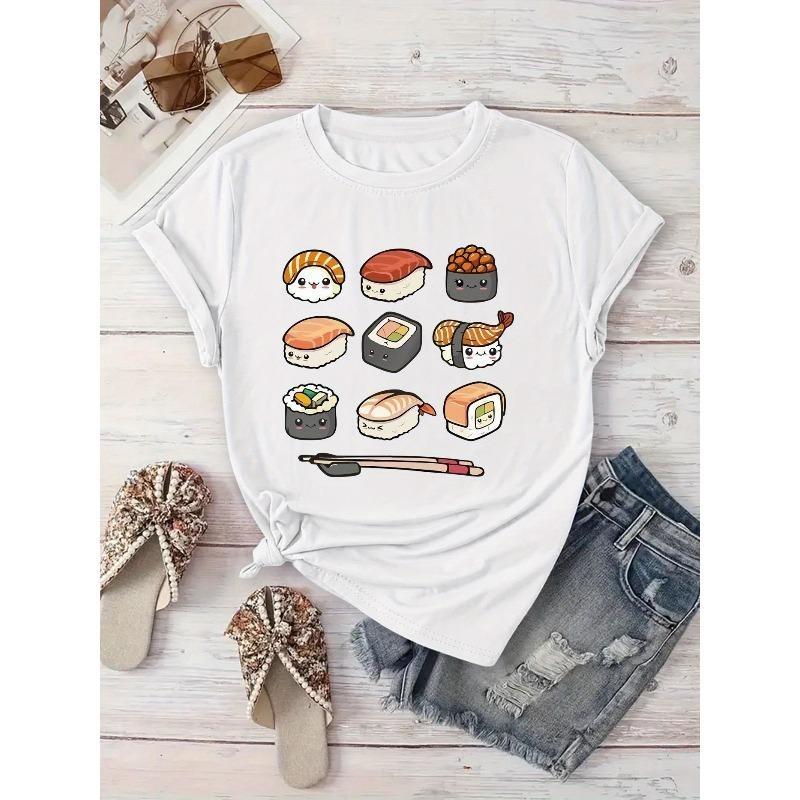

European sizes, Perfect for Spring/Summer Outings & Beach Vacations, Beachwear Tshirt | Playful Print Top | Machine Washable Top, Sushi Tshirt 4XL