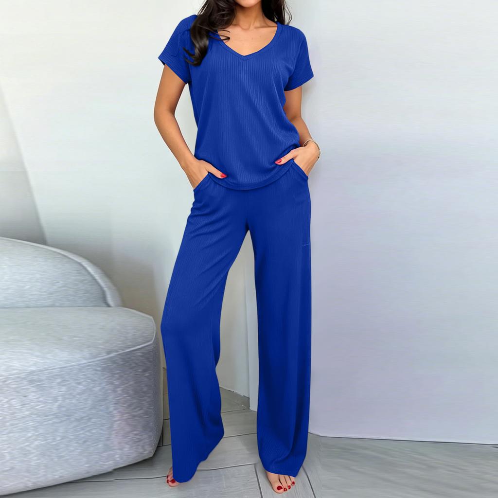 Women's Knit Loungewear Two-Piece Set with Pockets for Casual Home Wear
