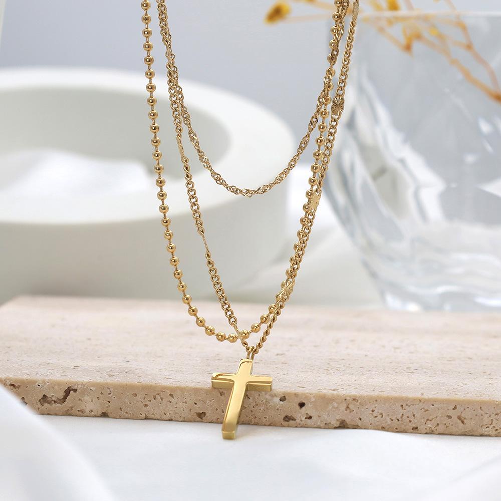 French Retro Three-Layer Chain Stacked Non-Fading Cross Pendant Necklace Collarbone Chain Men'S And Women'S Popular Jewelry