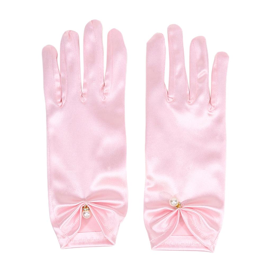 Women Elegant Satin Short Mittens Faux Pearl Pendant Decoration Solid Color Etiquette Gloves Dinner Party Opera Wedding Stage Performance