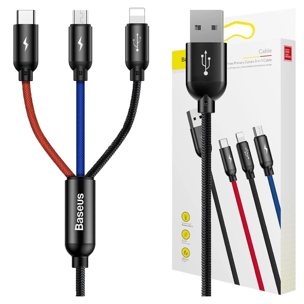 Kabel Usb Baseus 3W1 Usb-C / Lightning / Micro 3A 1.2M (Czarny)