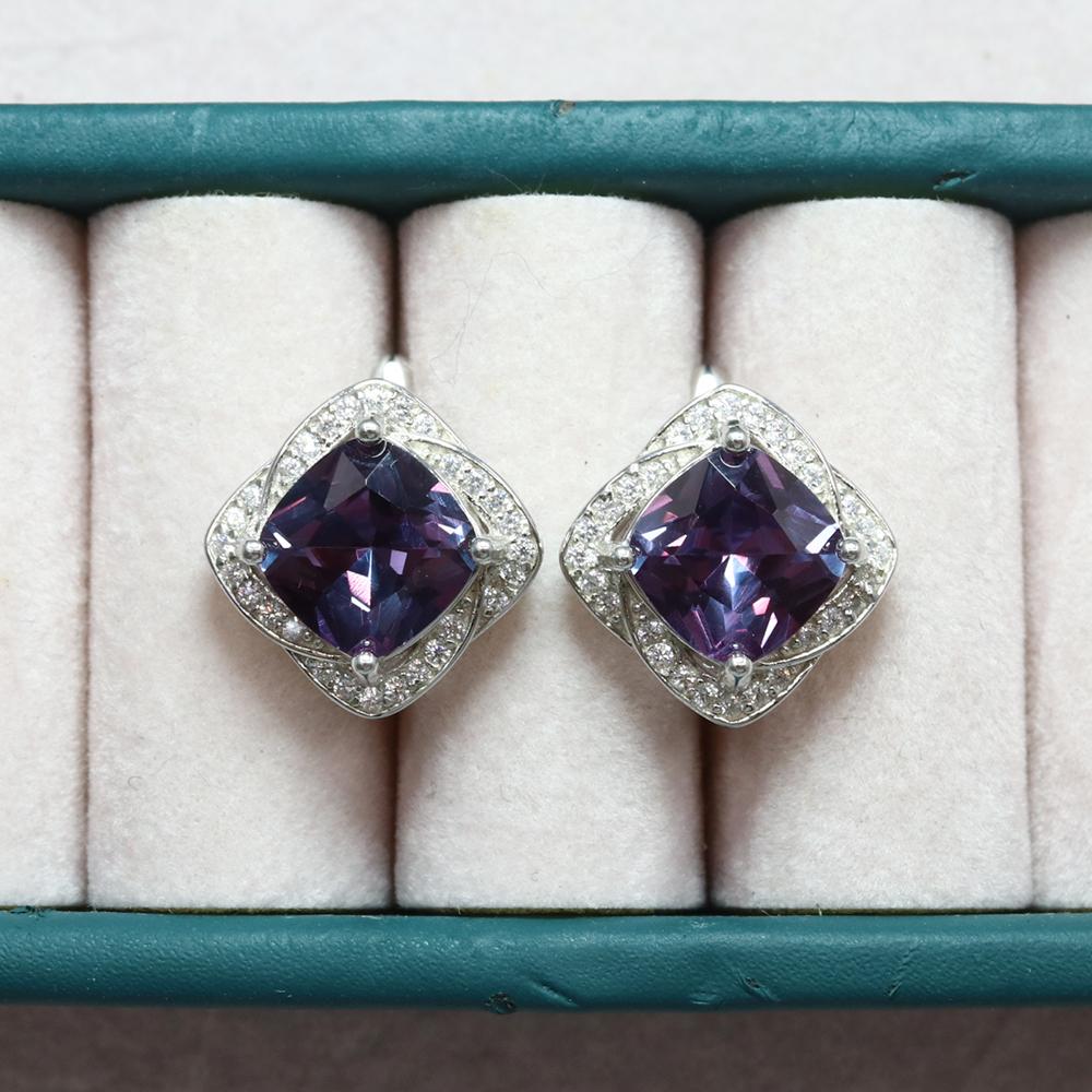 Elegant 925 Sterling Silver Clasp Earrings Created Square 8.0mm Color Change Alexander Nano Fine Jewelry for Women’s Birthday Gifts