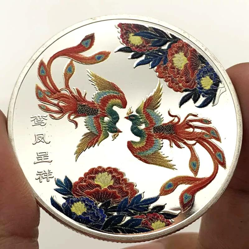 Chinese Phoenix Bird Gold Plated Painted Commemorative Medal, Baifu Craft 45mm Gold Coin Commemorative Coin
