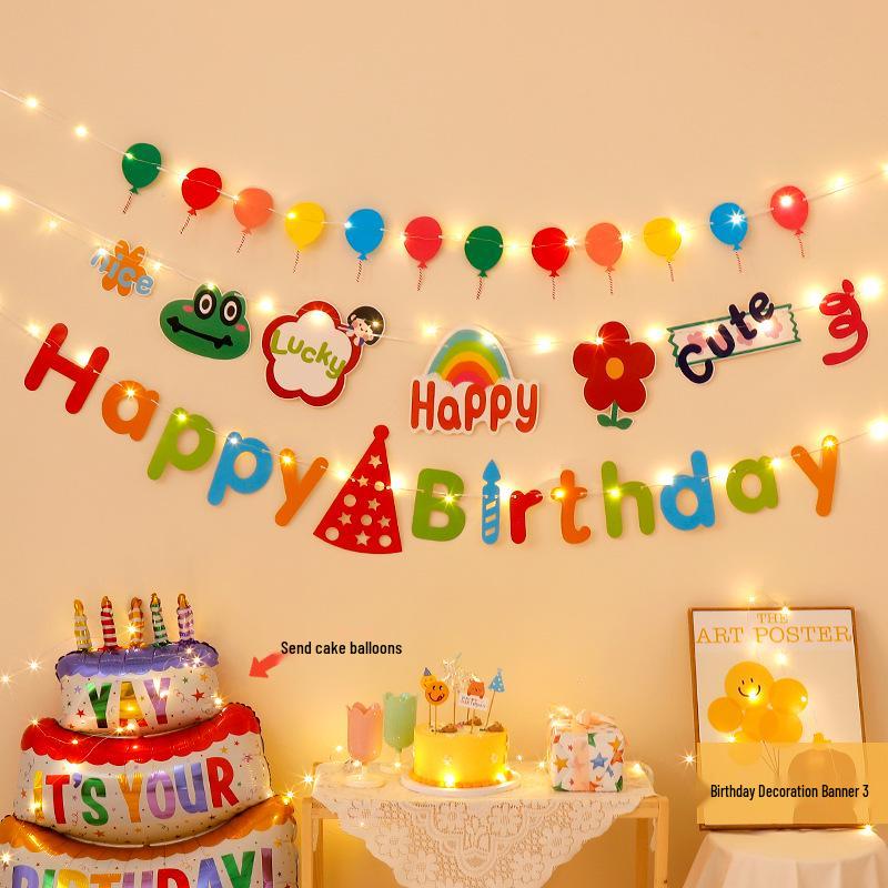 First Birthday Party Hanging Decoration: Happy Birthday Banner with Pom Poms and Bunting for Kids.