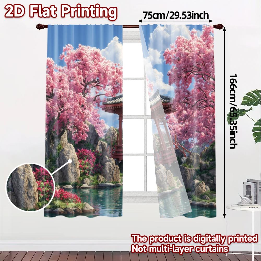 2pcs   2D FLAT PRINTING Curtains (Without Rod) CherryGardenPagoda Chic Curtains&Window Treatment Durable Polyester Curtains