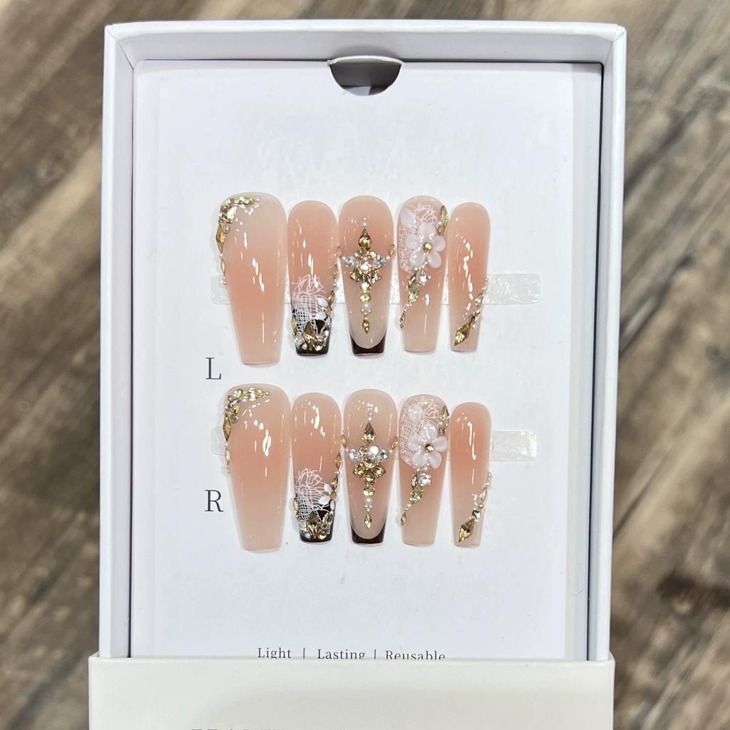 10Pcs Wine Red French Coffin Long Press On Nails Golden Baroque Retro Luxury Design Detachable Stick On Nails