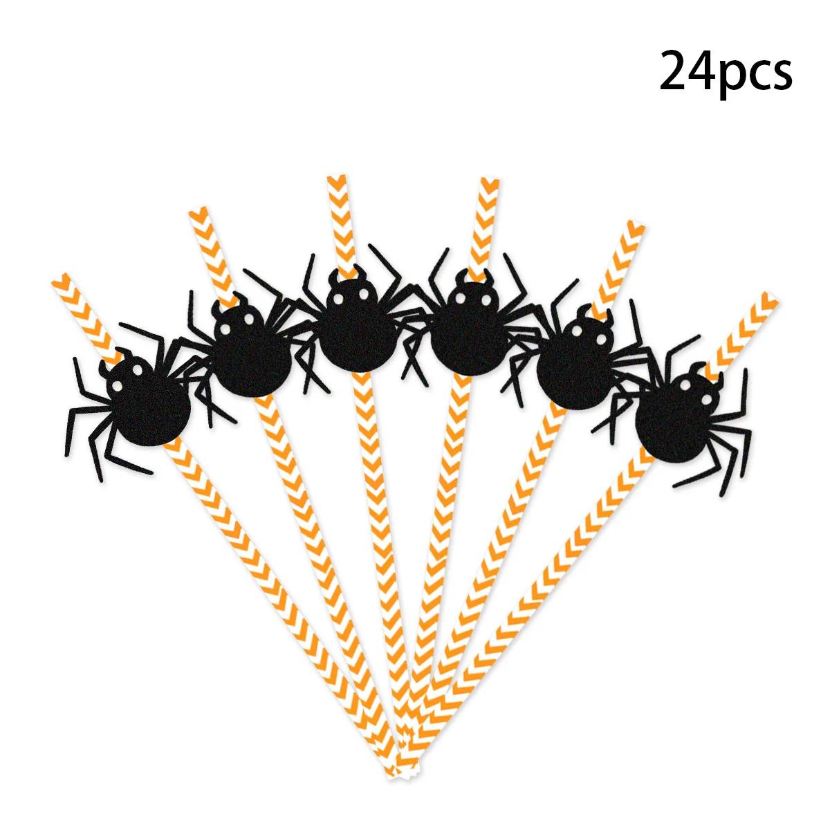24pcs Halloween Straw Party Decorations Skull Spider Water Cup Drink Decor with Disposable Straws Cocktail Straw Juice Tubes