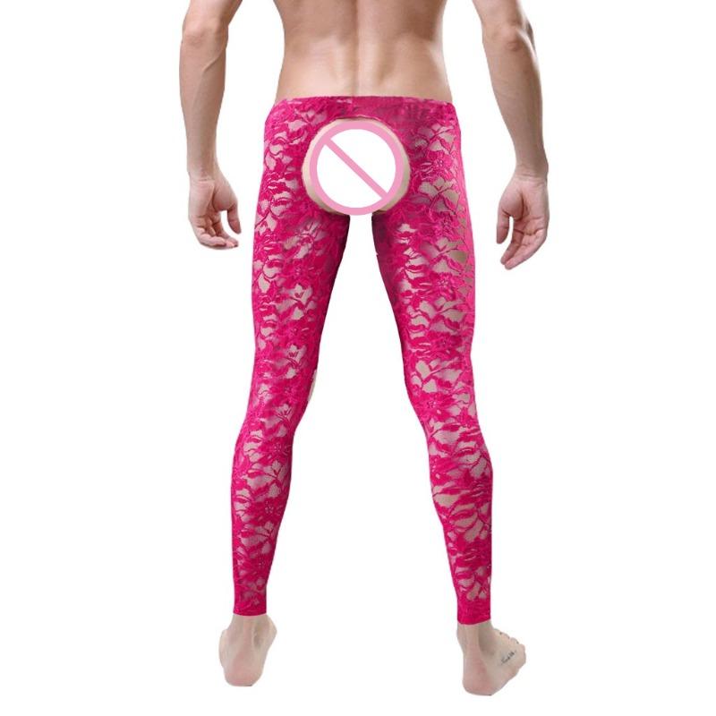 Sissy Lingerie See Through Floral Lace Open Crotch Long Pants Men Low Rise Bottoms Lounge Tight Stretchy Trousers Sleepwear