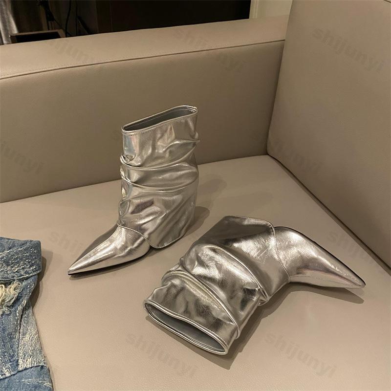 Women Pu Leather High-heel Boots Pointed Toe Autumn Comfortable Anti Slip Outdoor Fashion Short Boot Retro Anti Slip Botas Mujer