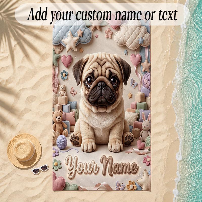 Pug Theme Soft Beach Towel Personalized Custom Name Text Towel Portable for Beach Pool Travel