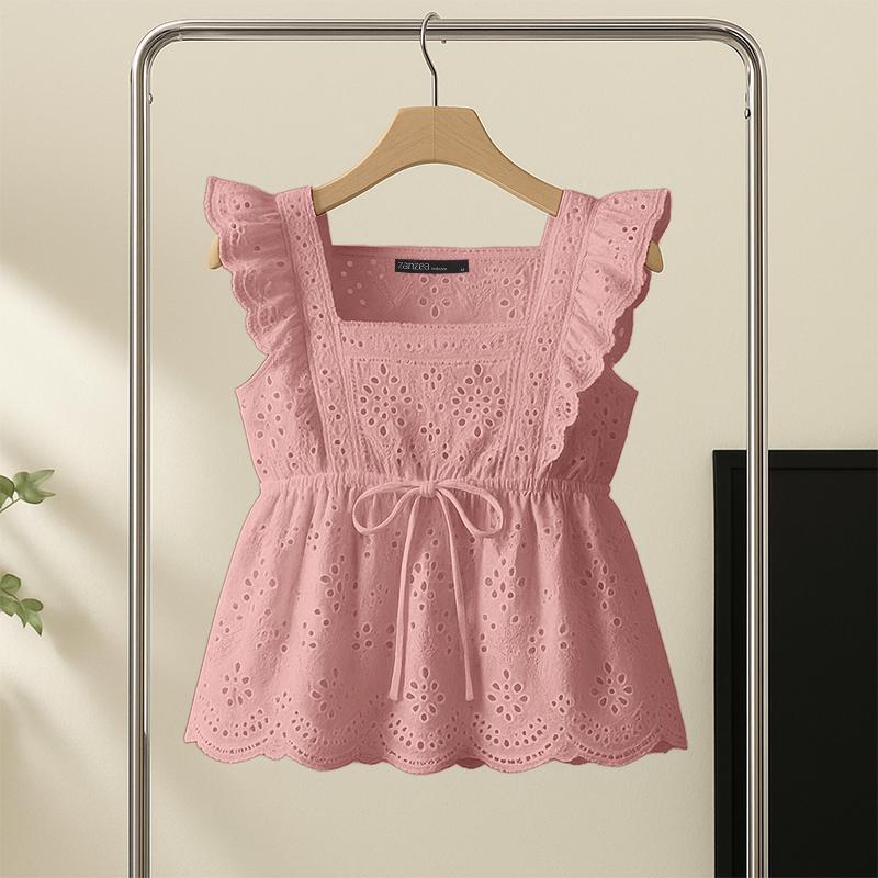 

ZANZEA Women Casual Square Neck Summer Sleeveless Patchwork Crochet Tank Tops M розовый