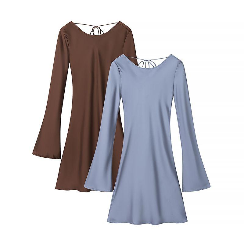 Kaslead New Arrival Women's Clothing Fashion Style Fashion Minimalist Back Tie-Neck Flared Sleeves Dress