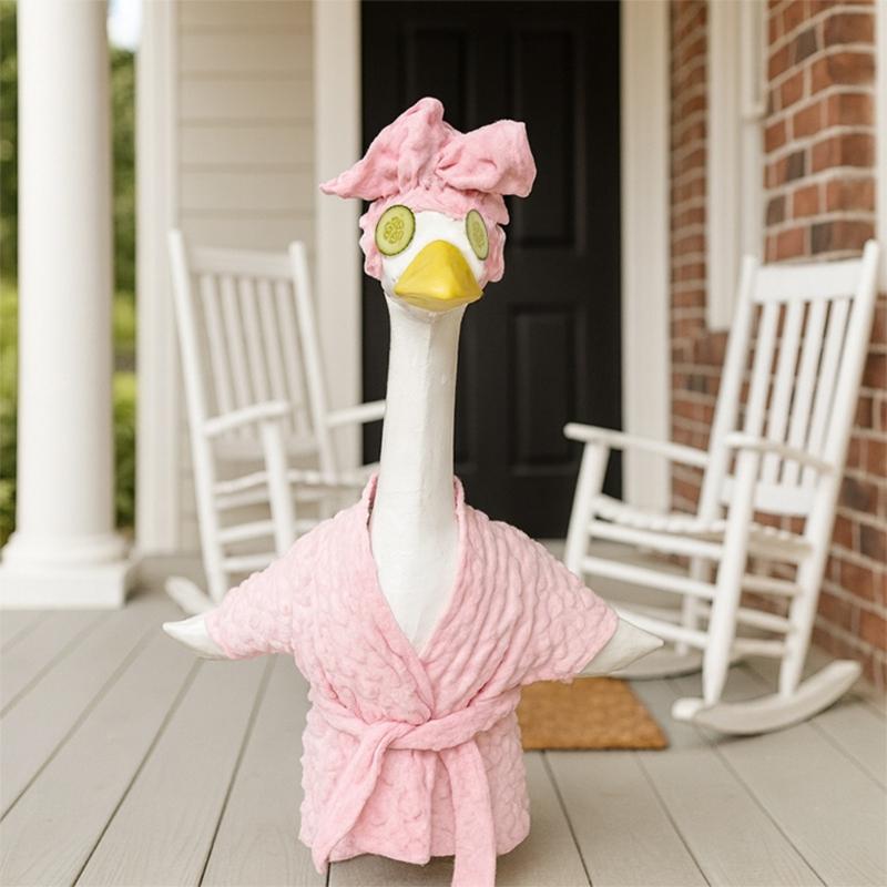 3Pcs Porch Outfit Statue Clothes Plush Pink Bathrobe with Spa Headwrap Cucumber Eyes Funny Outdoor Decoration