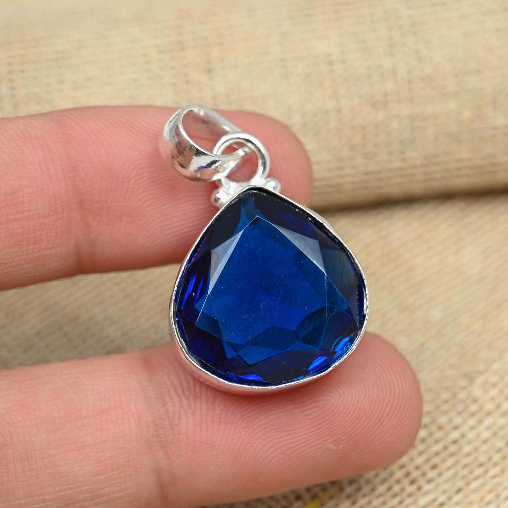 Solid 925 Sterling Silver Blue Sapphire Lab-Created Handmade Gemstone Jewelry Pendant