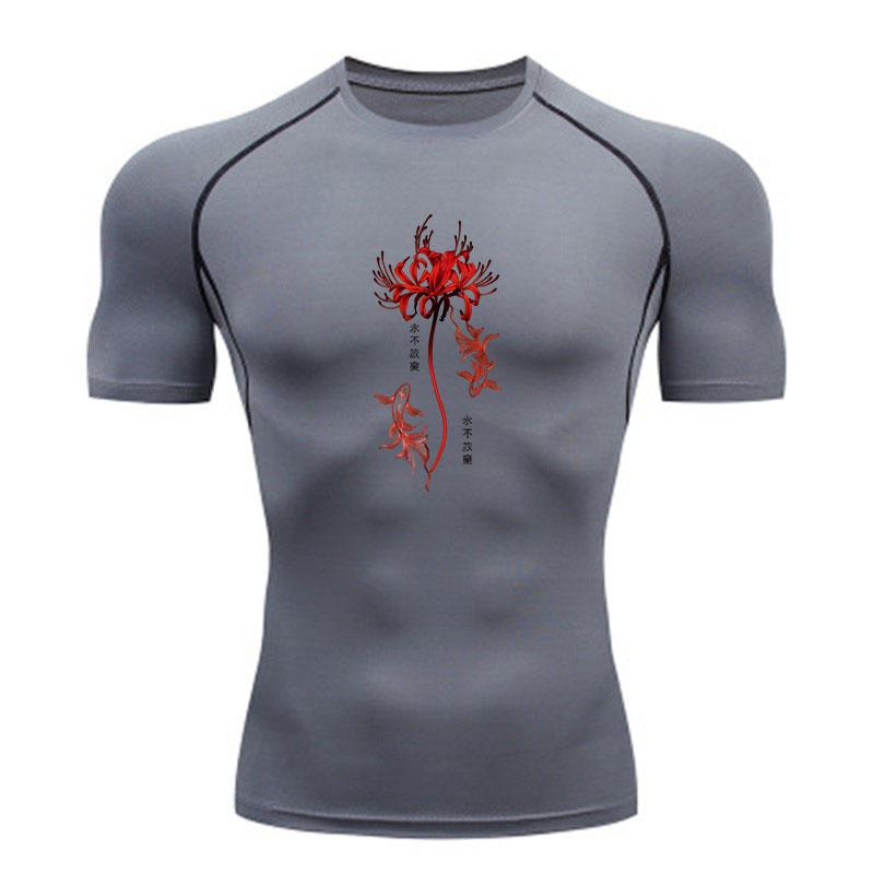 Men's Compression Sport T-Shirt, Red Spider Lily Koi Fish Printed Quick Dry Athletic Workout Shirt for Gym Running Active Training Wear