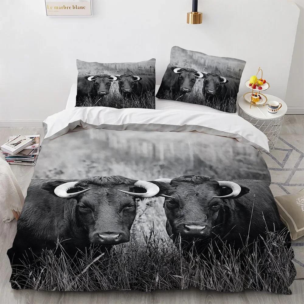 Highland Cow Duvet Cover King/Queen Size, Farm Animal Bull Bedding Set, Funny Cute Herbivores Duvet Cover For Kids Boys Girls