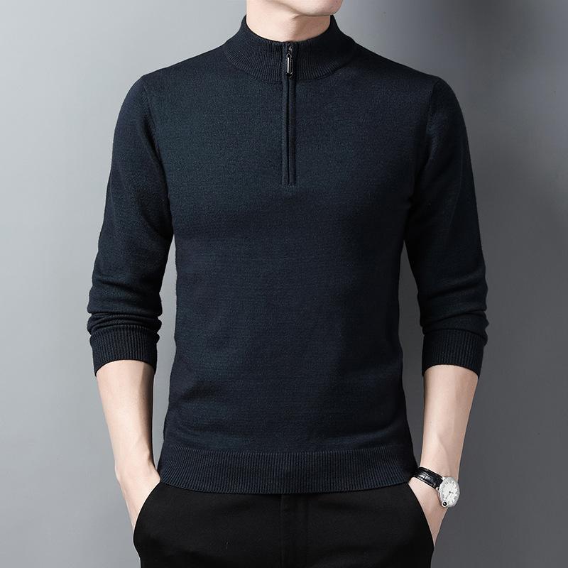 Herrenpullover mit halbem Reißverschluss, einfarbig, Strick-Unterziehpullover für Männer mittleren Alters, Slim-Fit, einfarbiger Pullover mit halbem Reißverschluss