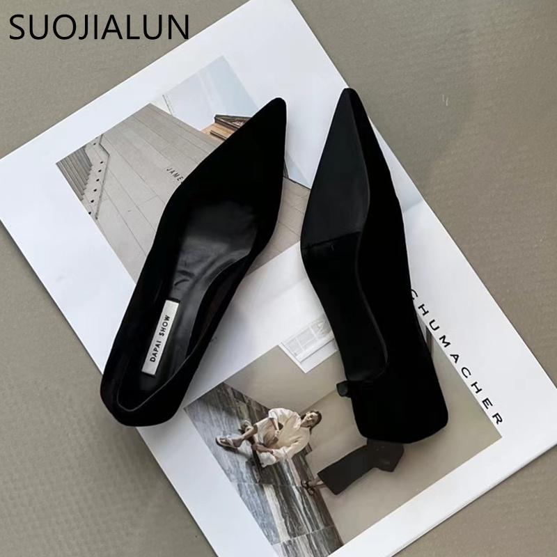 Fashion SUOJIALUN 2024 Autumn Women Pumps Shoes Fashion Pointed Toe Shallow Slip On Ladies Elegant Dress Pumps Thin Low Boat Shoes