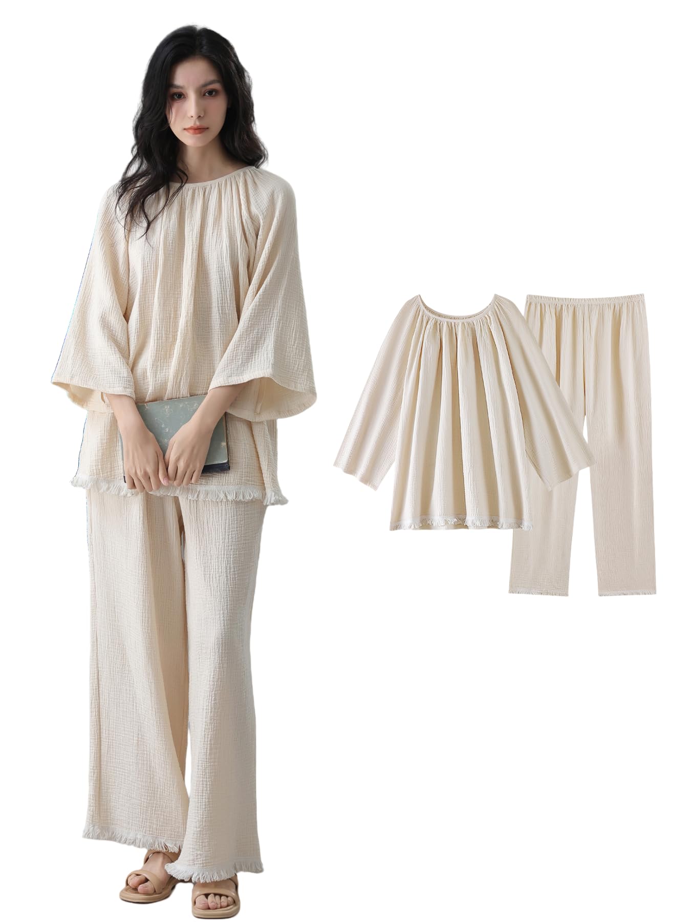 

Beatgos Хлопковый Двухслойный Креп Домашняя Одежда Пижама Свободного Кроя для Лета Размер Женский 100% Комплект, Рукава 3/4, (S6700 Абрикосовый, L)