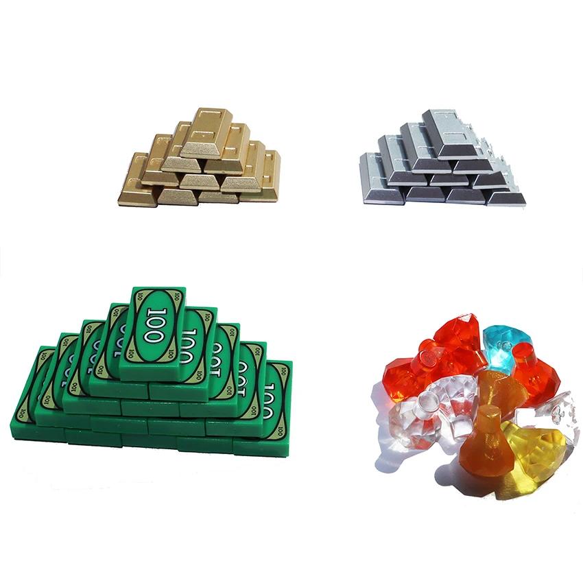 Non-Toxic Building Block City Treasure Chest Gem Box Gold Silver Diamond Dollar Cents Money Coins Cash Bricks Accessory Printed Moc Toy