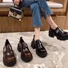 Retro Platform Loafers Women'S Leather Velcro Thick Heel Round Head Versatile Fashion British Small Leather Shoes