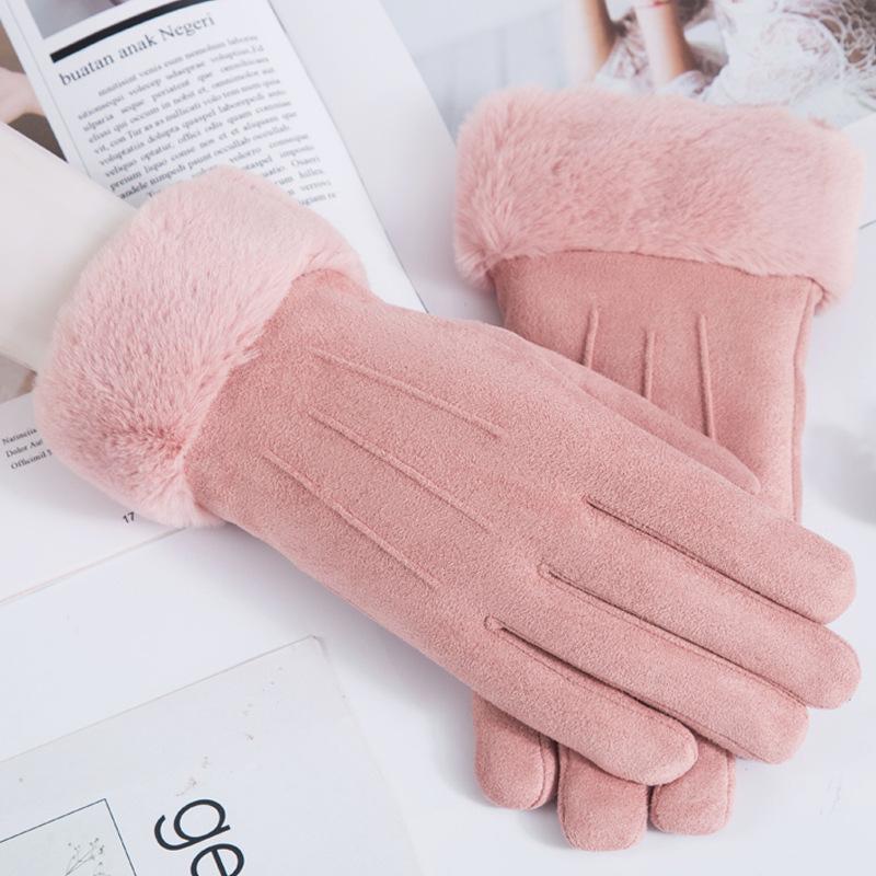 Suede Ladies Gloves Warm and Stylish In Autumn and Winter Cute Korean Version of Touch Screen Plus Velvet Padded Riding.