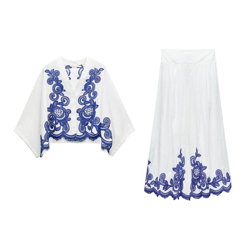 Spring New V Neck Long Sleeves Contrast Color Embroider Shirt 5107240 Elastic Waist Mid Waist Skirt 5107245