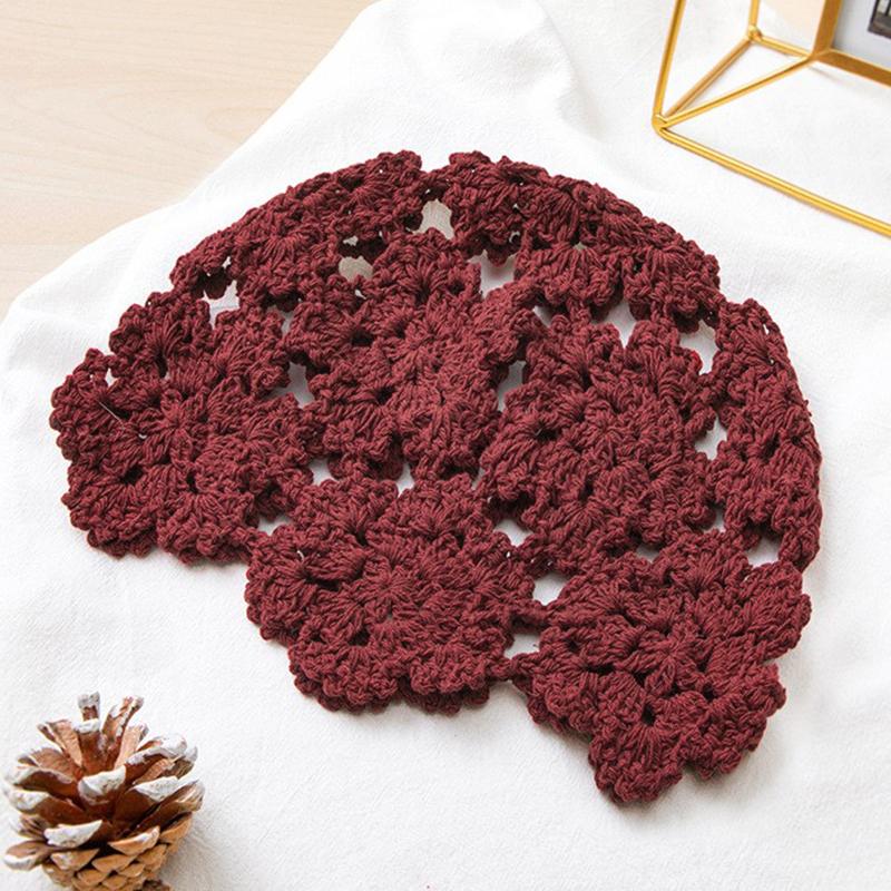 Fashion Flower Embroidery Hollow Crochet Knitted Hat French Retro Beanie Accessories