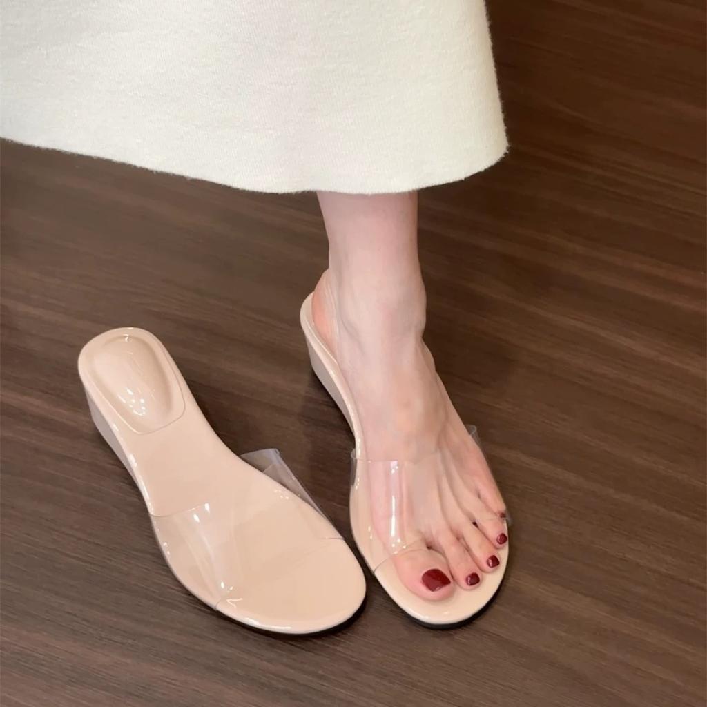 Soft leather version! Round head open-toed transparent one-word with sandals, women wear wedge heel temperament one-word French cool slippers