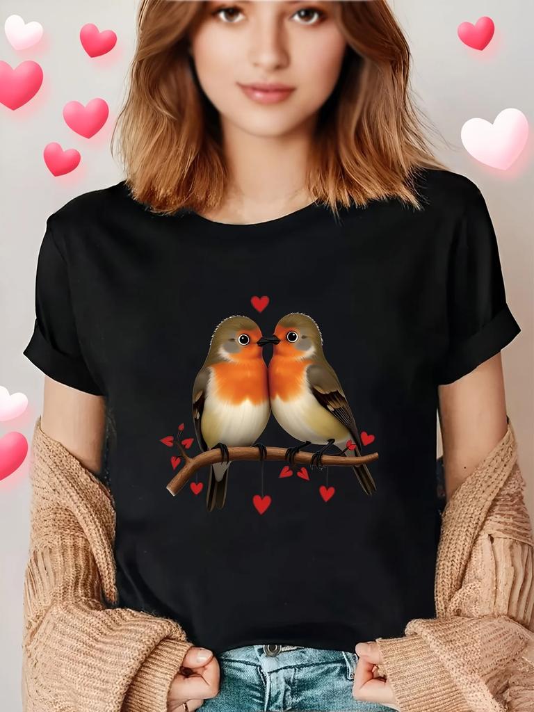 Camiseta de manga corta con cuello redondo para mujer con estampado de Robin Heart Love Always Print blanco Navidad Día de