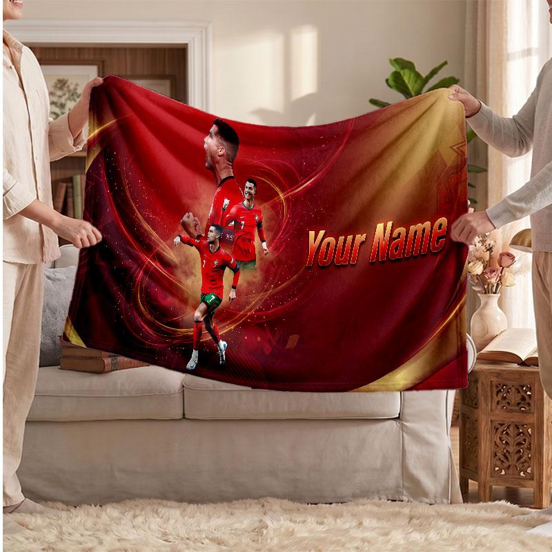 Cristiano Ronaldo Personalized Fleece Blanket With Football Logo, Custom Name Text Soft Warm Home Throw Blanket