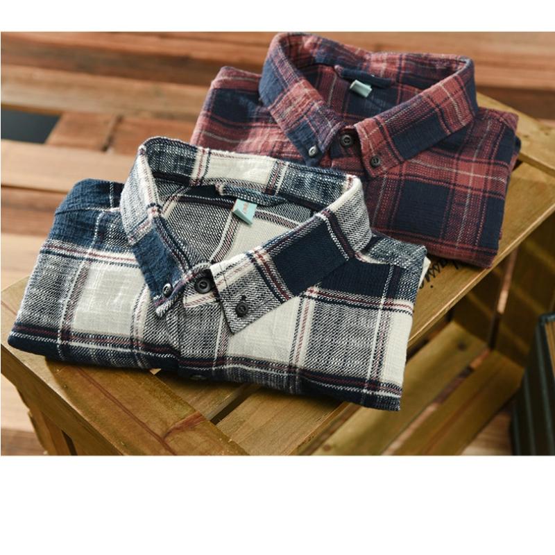 Japanischer Retro-Stil Karierte Langarmhemden Herren Frühling und Herbst Herren Freizeithemden Quadratische Tasche Reine Baumwolle Knopfhemd Tägliches lockeres Oberteil