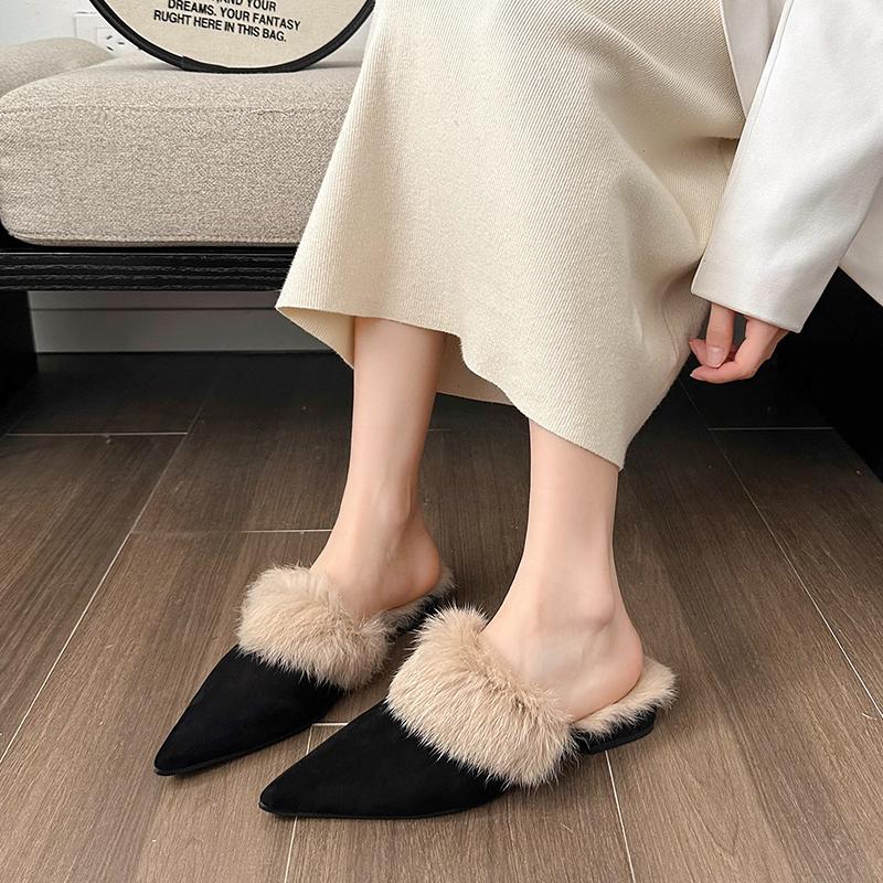 Women's Baotou Slippers Winter New Pointed Head Deep Mouth Suede Anti-slip Wear-resistant Flat Shoes