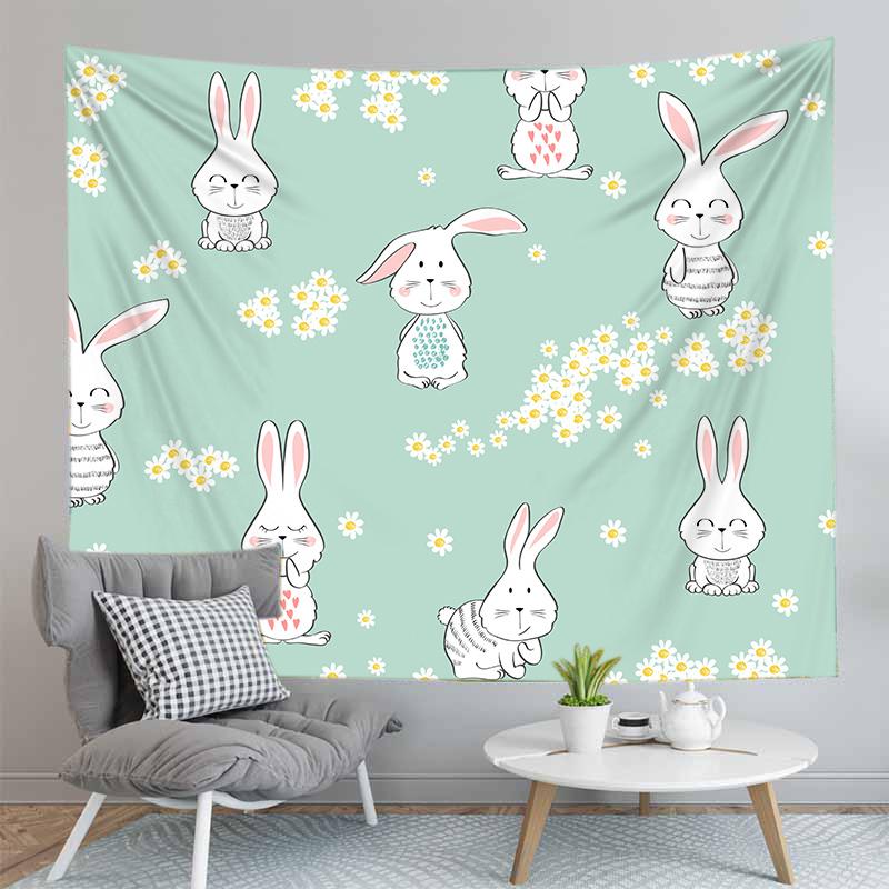 Cute Rabbit Print Tapestry for Girl Boys Dorm Room Decor Easter Rabbit Wall Hanging Kawaii Greetings and Presents for Easter Day