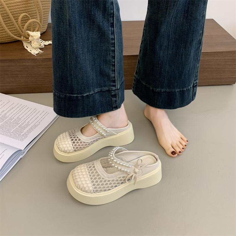 Thick-soled bag head half slippers women's outer wear 2025 new summer fashion breathable mesh slippers muffin sole height-increasing shoes