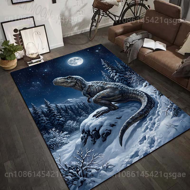 1PC Dinosaur in snowy moonlit forest Print Carpet Rug for Living Room Bedroom Sofa Doormat Home Decor Non-slip Floor Mat
