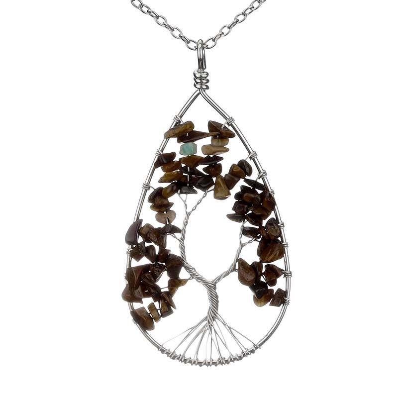 Silver Tree of Life Necklace with Seven-Color Natural Stone and Crystal Water Drop Pendant