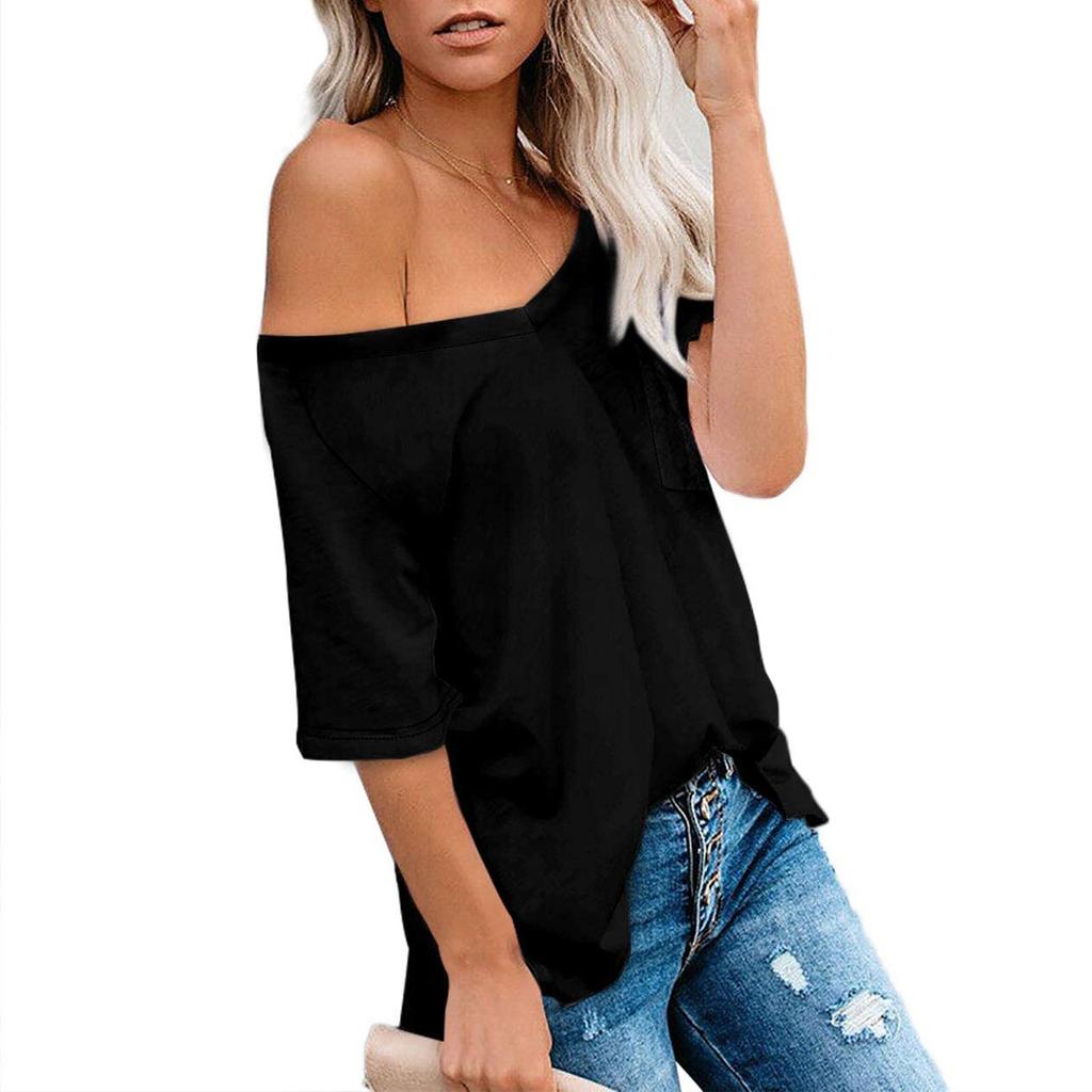 Women's Fashion Casual V-Neck Solid Color Flowy Loose Short-Sleeved T Shirt Top