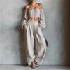 Womens Off Shoulder Short Top and High Waist Wide Leg Pants Casual Set Solid Beige