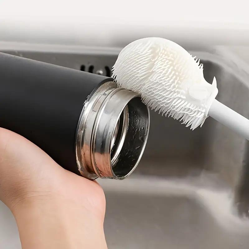 White Silicone Kitchen Cleaning Tool with Folding Brush Head and Long Handle for 360° Glass and Bottle Cleaning