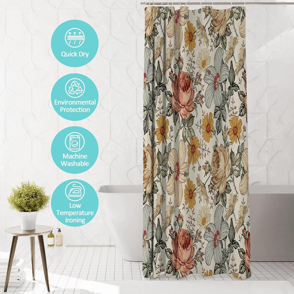 Vintage Watercolor Floral Shower Curtain for Bathroom,Boho Botanical Wildflower Shower Curta,Funny Waterproof Polyester