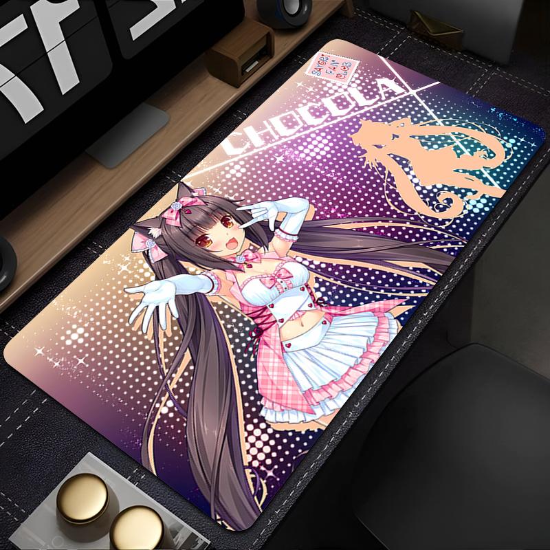 Gaming Mouse Pad Large Desk Mat Antislip Stitched Edges Chibi Cat Girl Print Warm Tone Waterproof Mat for Home Use