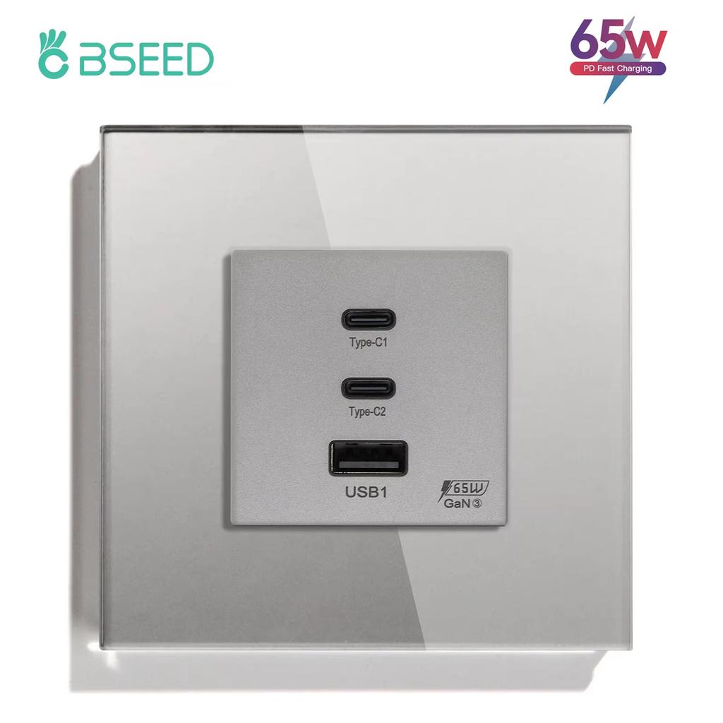 BSEED Power Sockets Electric Outlets Plus Dual Type-c USB Fast Charging Ports 65W 3A Glass Frame EU Standard Wall Embedded