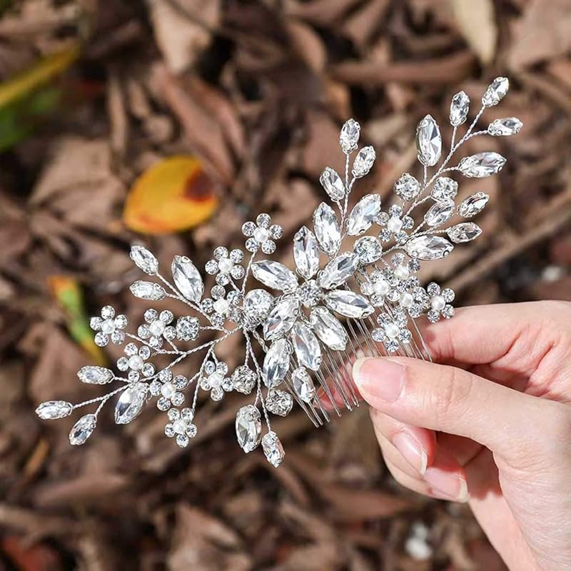 Unsutuo Crystal Bride Wedding Hair Comb Silver Rhinestone Flower Bridal Hair Pieces Pearl Wedding Hair Accessories for Women and Girls… (Silver)