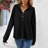 BITCED Women's Fall/Winter Polo Neck Button-Up Solid Color Long-Sleeve T-Shirt