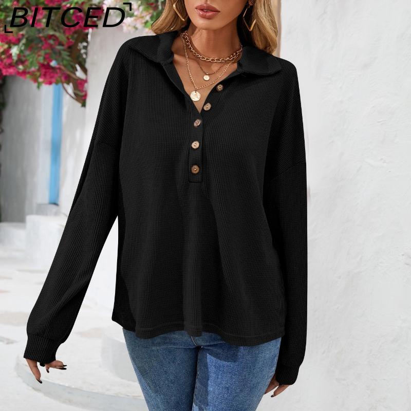 BITCED Women's Fall/Winter Polo Neck Button-Up Solid Color Long-Sleeve T-Shirt