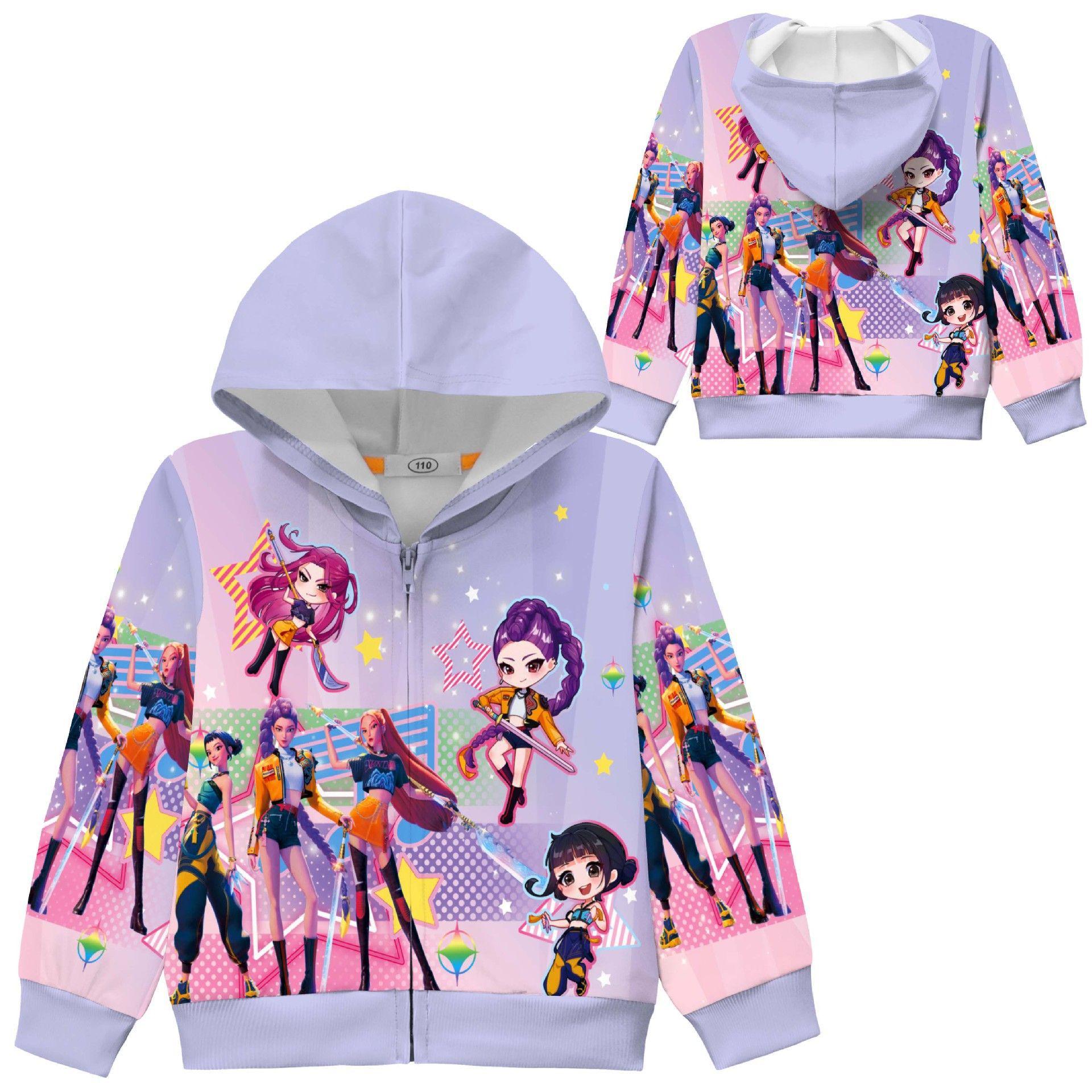 Wangpai Apparel Kinderen Meisjes POP Zangeres Rumi Zoey Mira Bedrukt Casual Met Capuchon Ritssluiting Lange Mouwen Jas Kleding Verkoop 130CM paars