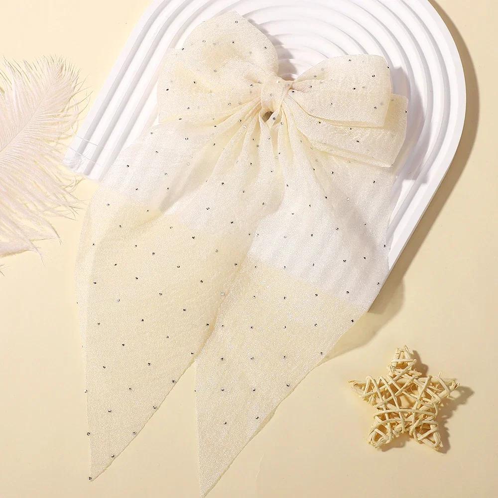 3Styles Girls Long Big Bow Float Satin Clips Back Head Hair Clip Wine Red with The Same Temperament Elegant Hair Accessories